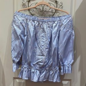 Light Blue and White Stripe Off the Shoulder Blouse